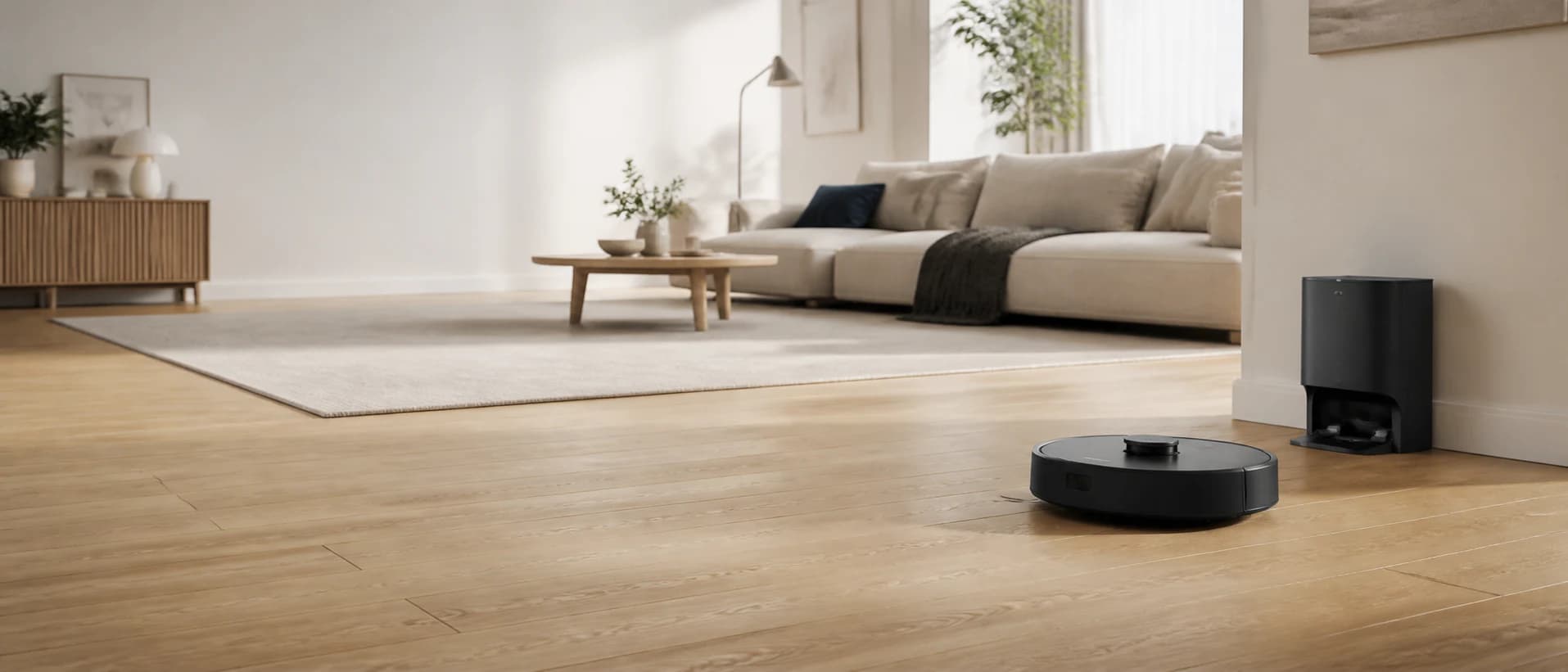 KI-generierter Saug- und Wischroboter in einem hellen modernen Wohnzimmer
