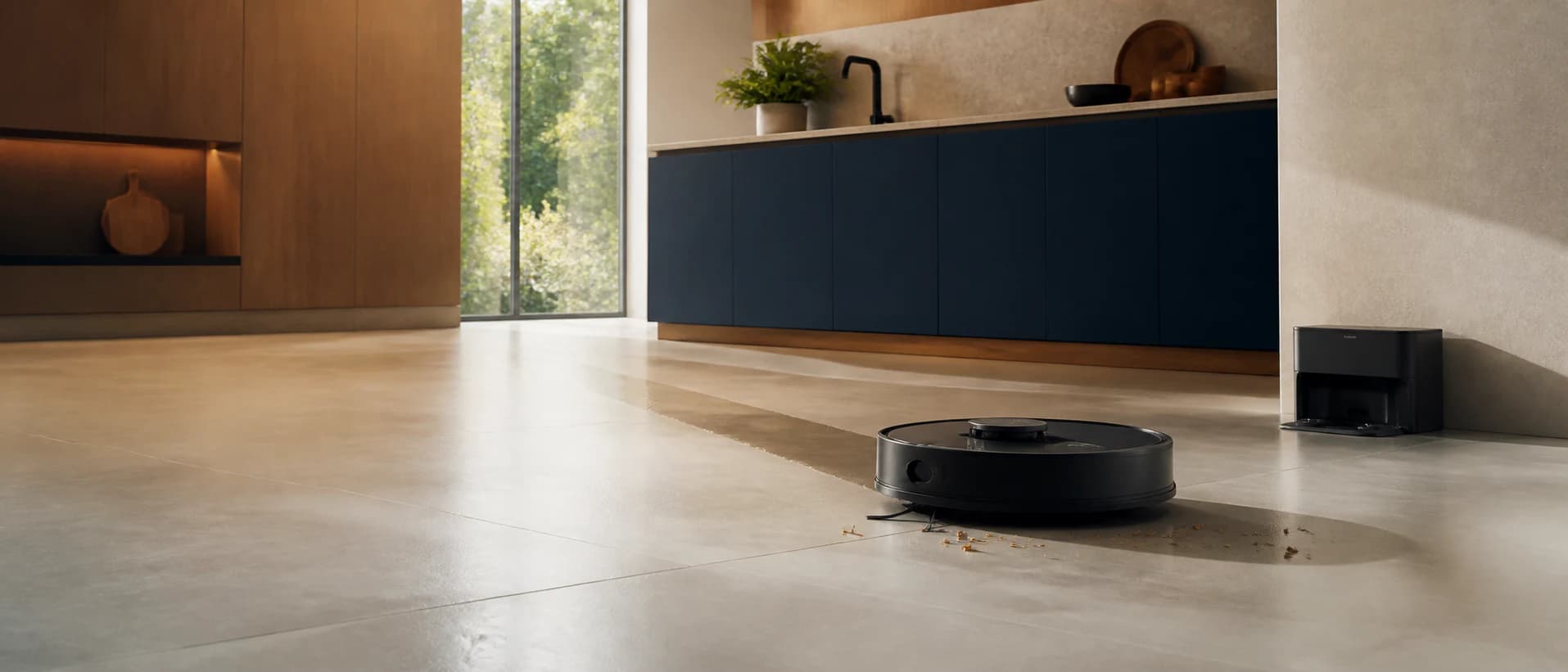 KI-generierter Saugwischroboter bei der Reinigung eines modernen Küchenbodens